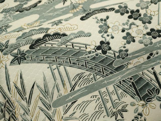 平和屋着物▽上質な小紋　単衣　松竹梅風景文　正絹　逸品　CABF3094ze
