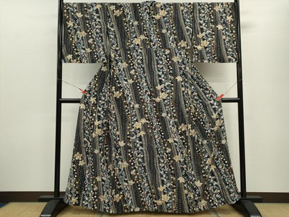 平和屋着物▽上質な小紋　単衣　草花文　黒地　金彩　正絹　逸品　CABF3096ze