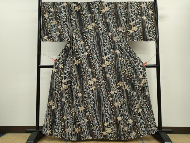 平和屋着物▽上質な小紋　単衣　草花文　黒地　金彩　正絹　逸品　CABF3096ze