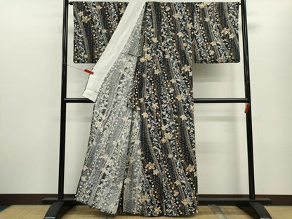 平和屋着物▽上質な小紋　単衣　草花文　黒地　金彩　正絹　逸品　CABF3096ze