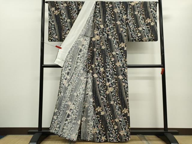 平和屋着物▽上質な小紋　単衣　草花文　黒地　金彩　正絹　逸品　CABF3096ze