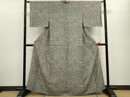 平和屋着物▽上質な小紋　単衣　花唐草文　たたき染め　正絹　逸品　CABF3097ze