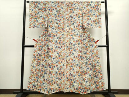 平和屋着物▽上質な小紋　単衣　型染め　草花文　正絹　逸品　CABF3098ze