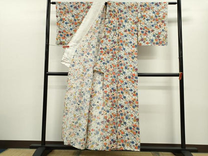 平和屋着物▽上質な小紋　単衣　型染め　草花文　正絹　逸品　CABF3098ze