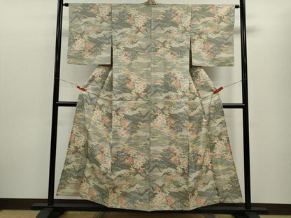 平和屋着物▽本場染大島紬　単衣　松竹梅風景文　正絹　逸品　CABF3099ze