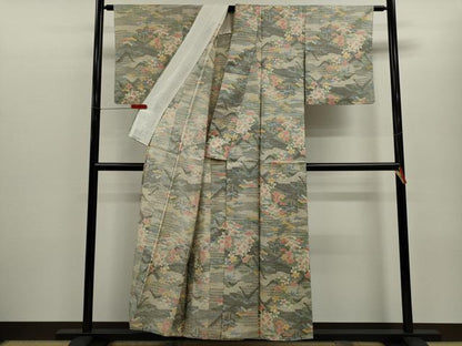 平和屋着物▽本場染大島紬　単衣　松竹梅風景文　正絹　逸品　CABF3099ze