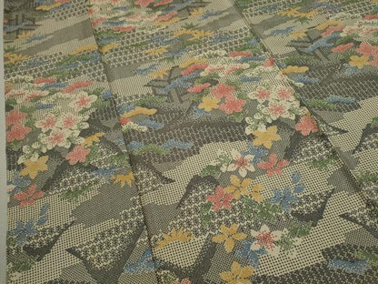 平和屋着物▽本場染大島紬　単衣　松竹梅風景文　正絹　逸品　CABF3099ze