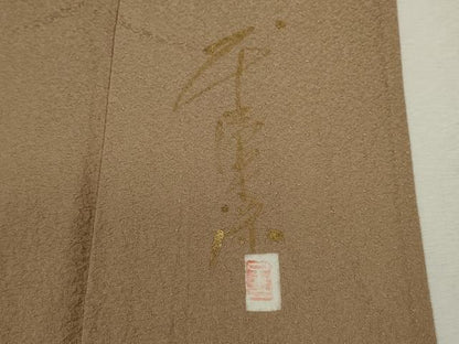 平和屋着物▽上質な色無地　単衣　作家物　紋意匠　柴染色　正絹　逸品　CABF3100ze