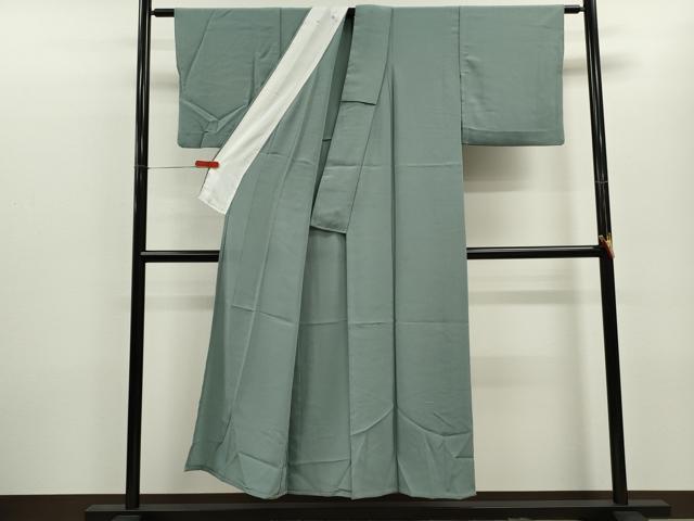 平和屋着物▽色無地　単衣　秘色色　鬼しぼ縮緬　洗える着物　CABF3117ze