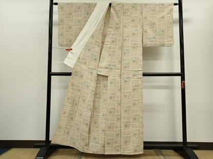 平和屋着物▽本塩沢　単衣　色紙枝花文　正絹　逸品　CABF3134ze