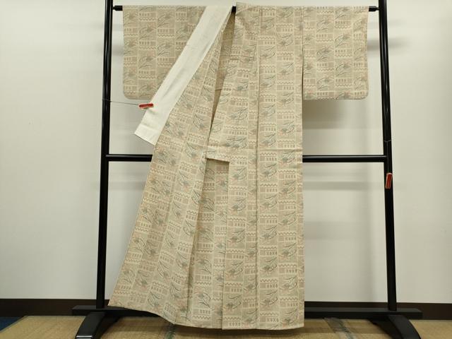 平和屋着物▽本塩沢　単衣　色紙枝花文　正絹　逸品　CABF3134ze