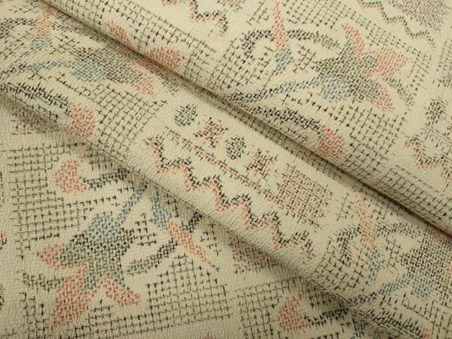 平和屋着物▽本塩沢　単衣　色紙枝花文　正絹　逸品　CABF3134ze