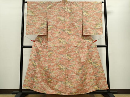 平和屋着物▽上質な紬　単衣　風景草花文　正絹　逸品　CABF3137ze