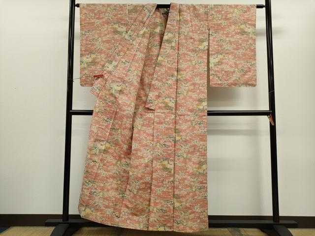 平和屋着物▽上質な紬　単衣　風景草花文　正絹　逸品　CABF3137ze