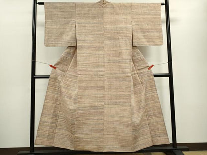 平和屋着物▽上質な紬　単衣　横縞文　正絹　逸品　CABF3139ze