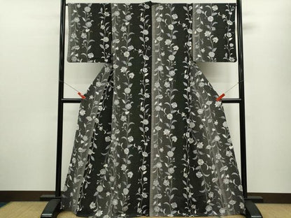 平和屋着物▽小紋　単衣　ドット柄　更紗花唐草文　黒地　金彩　さんび謹製　洗える着物　CABF3146ze