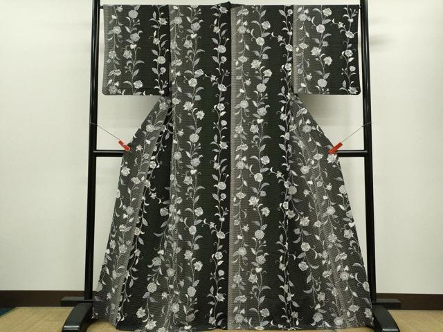 平和屋着物▽小紋　単衣　ドット柄　更紗花唐草文　黒地　金彩　さんび謹製　洗える着物　CABF3146ze