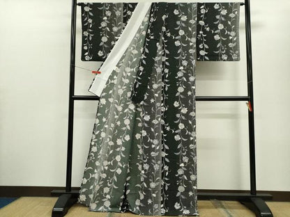 平和屋着物▽小紋　単衣　ドット柄　更紗花唐草文　黒地　金彩　さんび謹製　洗える着物　CABF3146ze