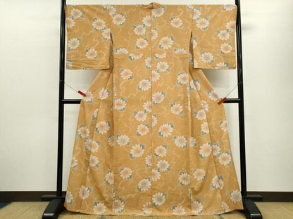 平和屋着物▽上質な小紋　単衣　草花文　鬼しぼ縮緬　正絹　逸品　CABF3147ze
