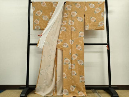 平和屋着物▽上質な小紋　単衣　草花文　鬼しぼ縮緬　正絹　逸品　CABF3147ze