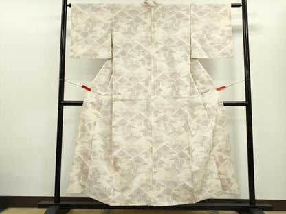 平和屋着物▽本塩沢　単衣　幾何学模様　正絹　逸品　CABF3155ze