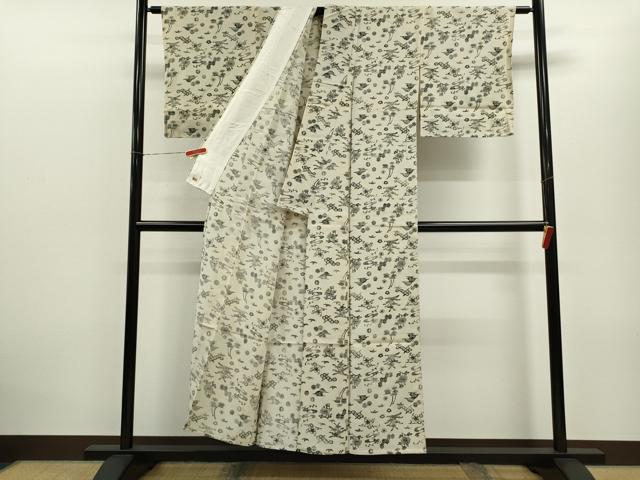 平和屋着物▽上質な小紋　単衣　型染め　吉祥枝花文　三越扱い　正絹　逸品　未使用　CABF3156ze