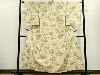 平和屋着物▽上質な紬　単衣　更紗花唐草文　正絹　逸品　CABF3168ze