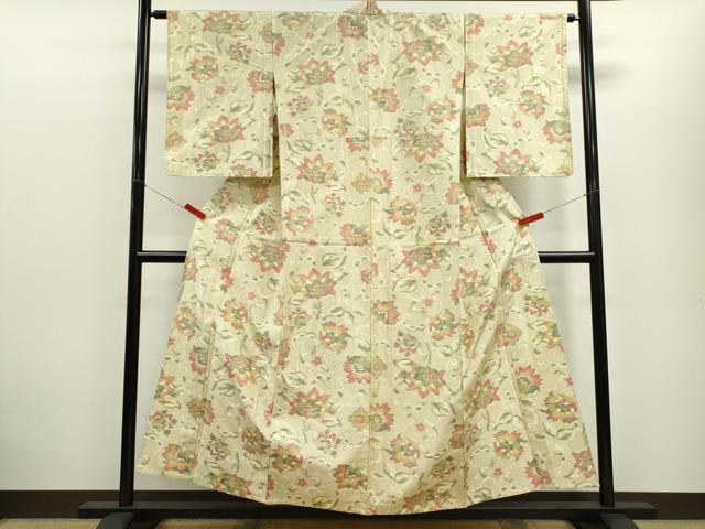 平和屋着物▽上質な紬　単衣　更紗花唐草文　正絹　逸品　CABF3168ze