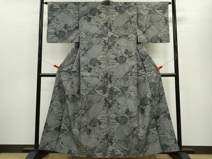 平和屋着物■上質な紬　地紙重ね立波草花文　正絹　逸品　CABF3194ze
