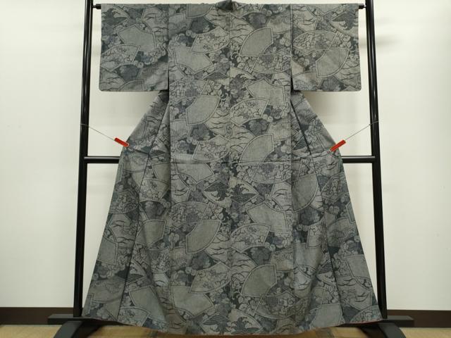 平和屋着物■上質な紬　地紙重ね立波草花文　正絹　逸品　CABF3194ze