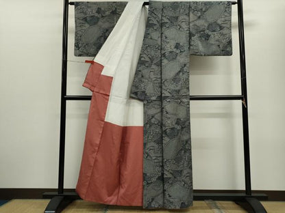 平和屋着物■上質な紬　地紙重ね立波草花文　正絹　逸品　CABF3194ze