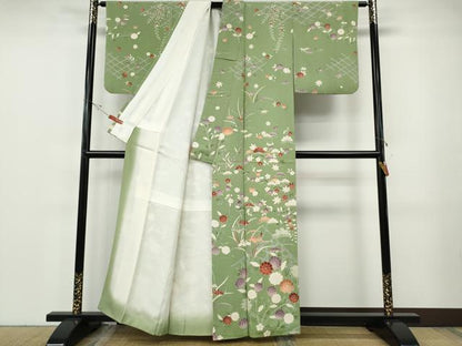 平和屋着物●訪問着　草花文　鬼しぼ縮緬　正絹　逸品　CABF3216ut