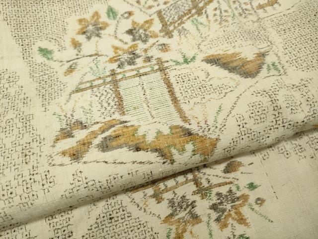 平和屋着物●本場結城紬　重要無形文化財　100亀甲　地紙風景花文　正絹　逸品　CABF3218ut