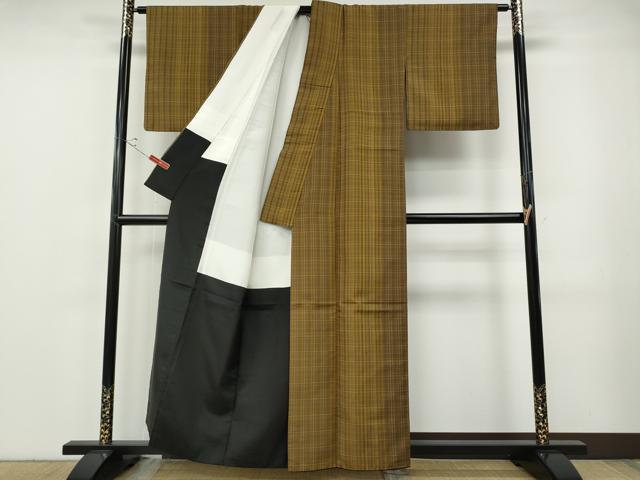 平和屋着物●本場黄八丈　平織　紬　格子柄　正絹　逸品　CABF3244ut