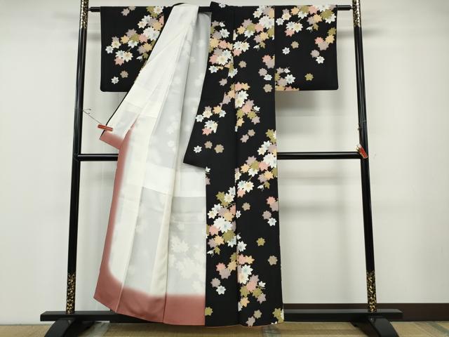 平和屋着物●上質な小紋　枝楓文　黒地　松坂屋扱い　正絹　逸品　CABF3246ut