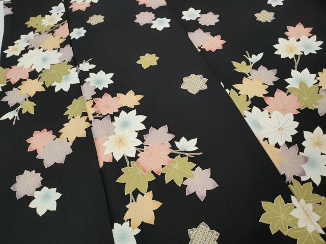 平和屋着物●上質な小紋　枝楓文　黒地　松坂屋扱い　正絹　逸品　CABF3246ut