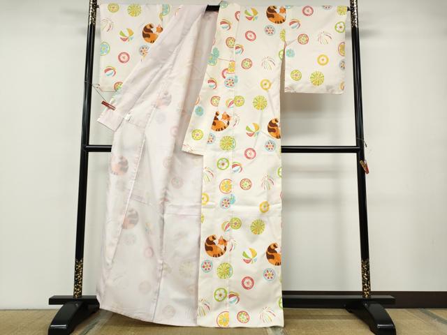平和屋着物●小紋　猫　飴　鞠　洗える着物　CABF3248ut
