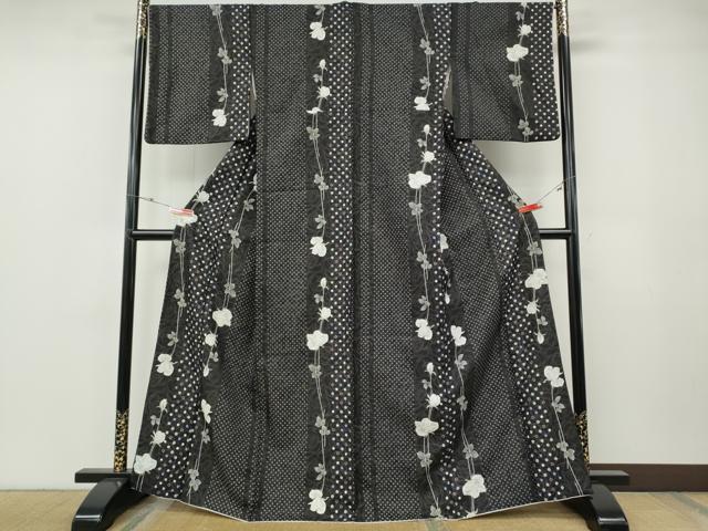 平和屋着物●小紋　薔薇　間道　黒地　洗える着物　CABF3249ut 平和屋着物○小紋 薔薇 間道 黒地 洗える着物 CABF3249ut