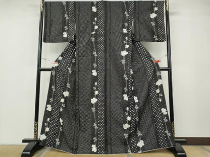 平和屋着物●小紋　薔薇　間道　黒地　洗える着物　CABF3249ut