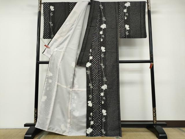 平和屋着物●小紋　薔薇　間道　黒地　洗える着物　CABF3249ut 平和屋着物○小紋 薔薇 間道 黒地 洗える着物 CABF3249ut