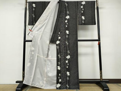 平和屋着物●小紋　薔薇　間道　黒地　洗える着物　CABF3249ut