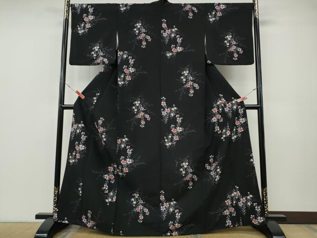 平和屋着物●小紋　草花文　黒地　洗える着物　CABF3251ut