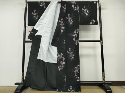 平和屋着物●小紋　草花文　黒地　洗える着物　CABF3251ut
