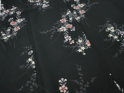 平和屋着物●小紋　草花文　黒地　洗える着物　CABF3251ut