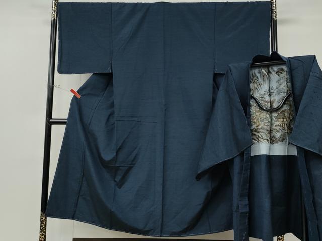 平和屋着物●男性　紬　髭紬　羽織セット　留紺色　正絹　逸品　CABF3257ut