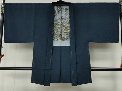 平和屋着物●男性　紬　髭紬　羽織セット　留紺色　正絹　逸品　CABF3257ut