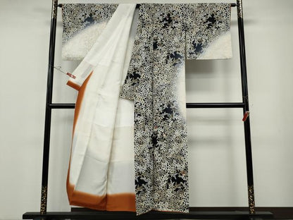 平和屋着物●訪問着　刺繍　舞蝶枝葉文　暈し染め　金銀彩　正絹　逸品　CABF3268ut