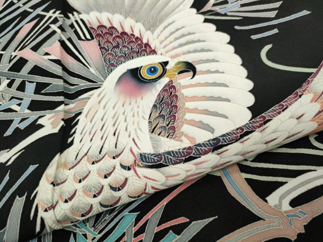 平和屋着物●本加賀友禅作家　二塚長生　黒留袖　鷹　鷲　枝松葉文　正絹　逸品　CABF3269ut