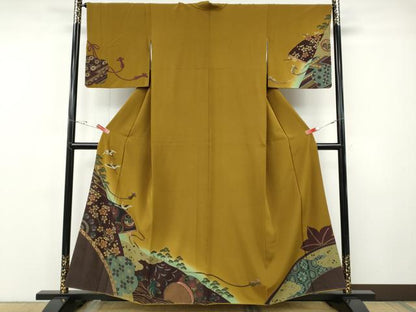 平和屋着物●訪問着　刺繍　飛鶴舞蝶草花文　金彩　正絹　逸品　CABF3275ut