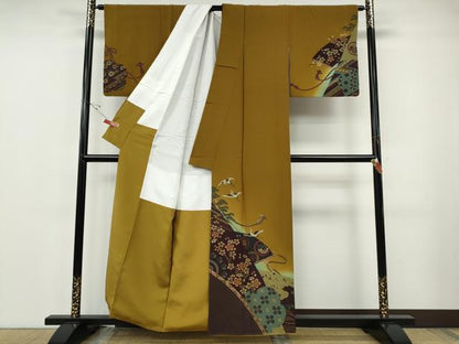 平和屋着物●訪問着　刺繍　飛鶴舞蝶草花文　金彩　正絹　逸品　CABF3275ut